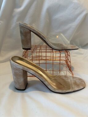 ShuShop Beige Snake-Print Clear Strap Block Heel Mules